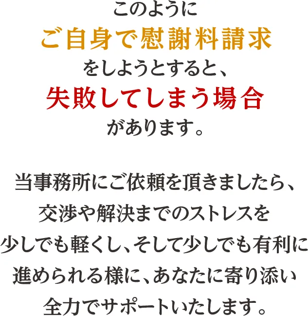 このようにご自身で慰謝料請求をしようとすると、失敗してしまう場合があります。当事務所にご依頼を頂きましたら、交渉や解決までのストレスを少しでも軽くし、そして少しでも有利に進められる様に、あなたに寄り添い全力でサポートいたします。